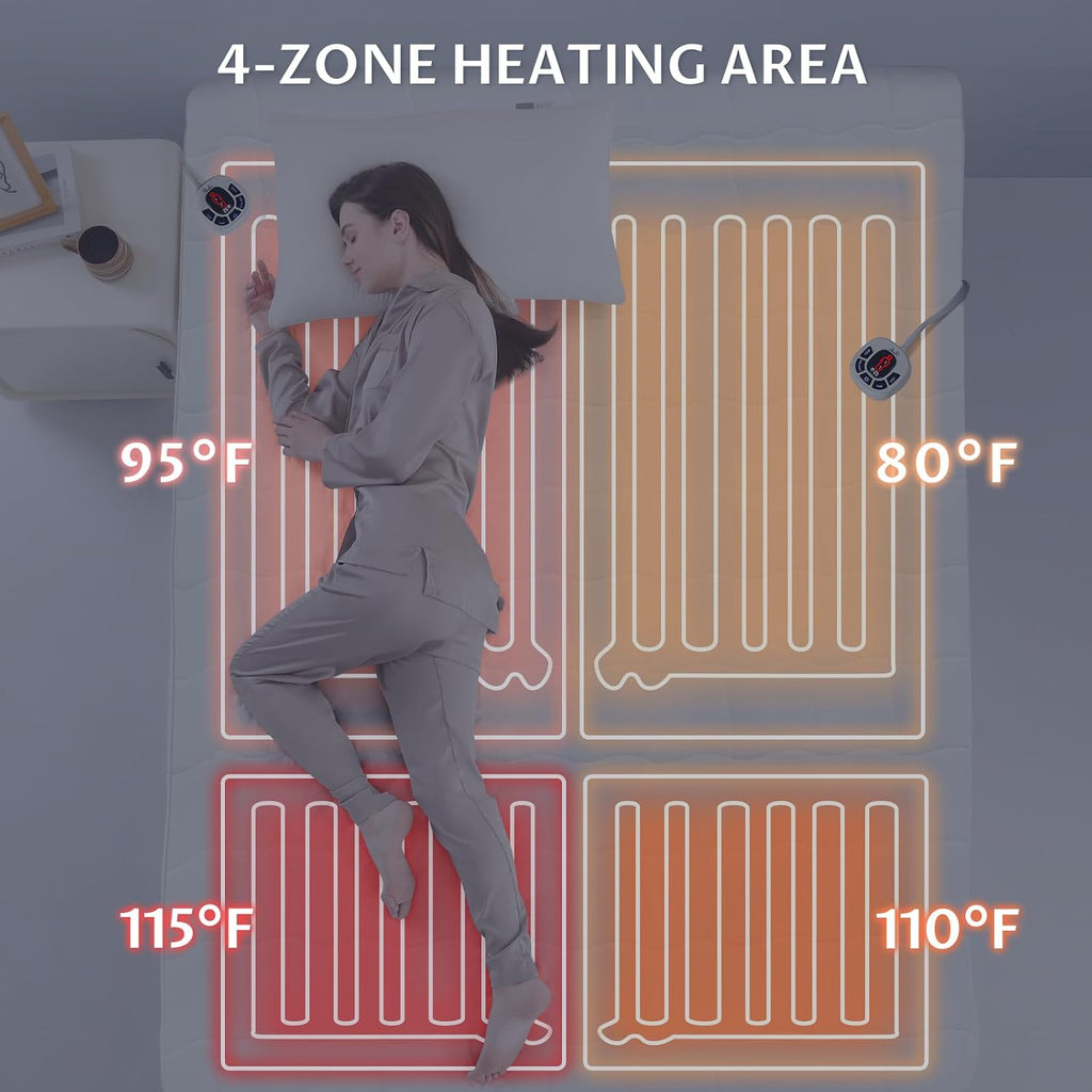 Heated Mattress Pad Queen Size, Dual Control, 10 Heat Settings | 4-zone warmth, preheat & memory functions, 1-12 hour