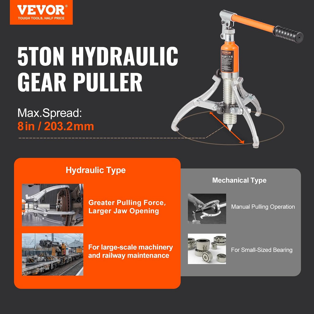 Hydraulic Gear Puller, 5 Ton Max Capacity Wheel Bearing Pulling Separator, 2 or 3 Jaws Puller, Vertically and