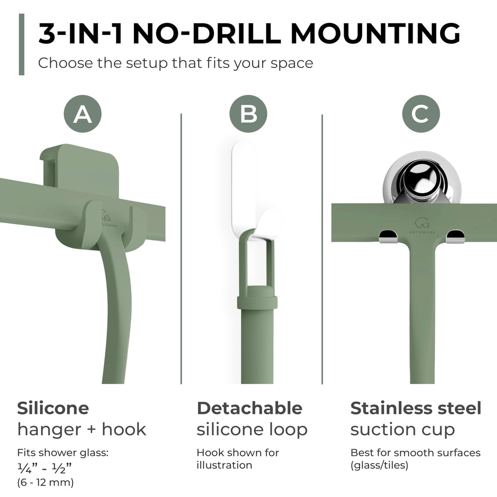 Silicone Shower Squeegee with 3-in-1 No-Drill Mount, Green, 11''