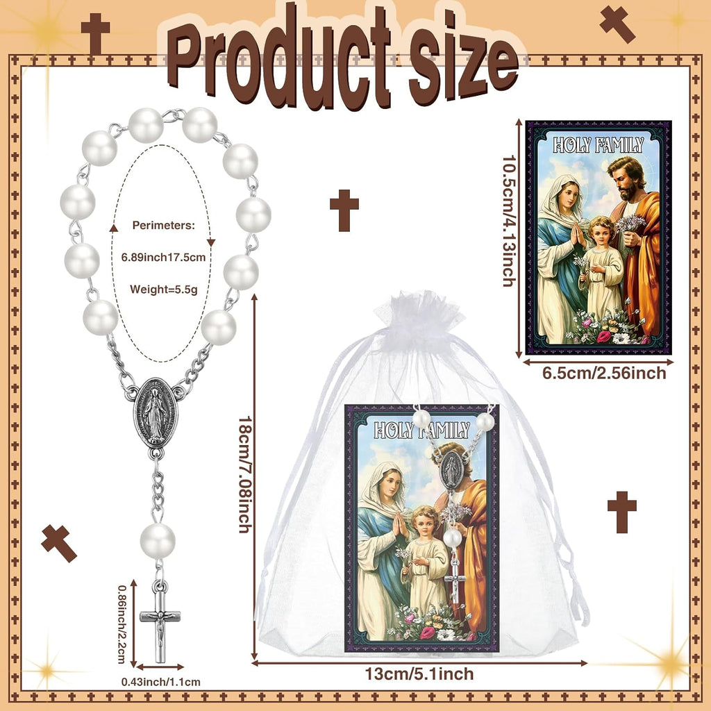 10 Set Catholic Gifts Set White Religious Catholic Hanging Pendant and Prayer Card Saints Prayer Bead Rosary Beads