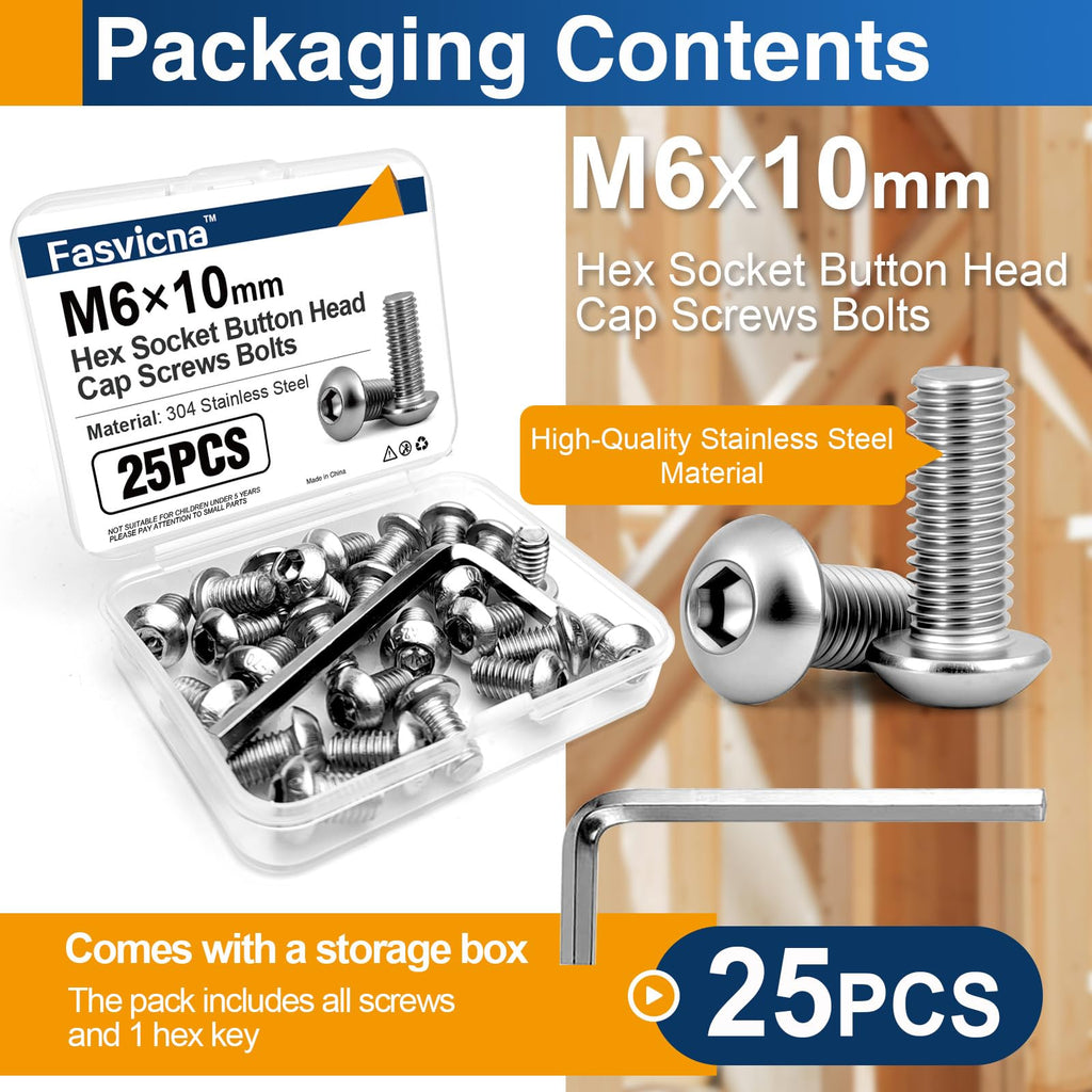 25PCS M6x10 Button Head Socket Cap Screws, 304 Stainless Steel