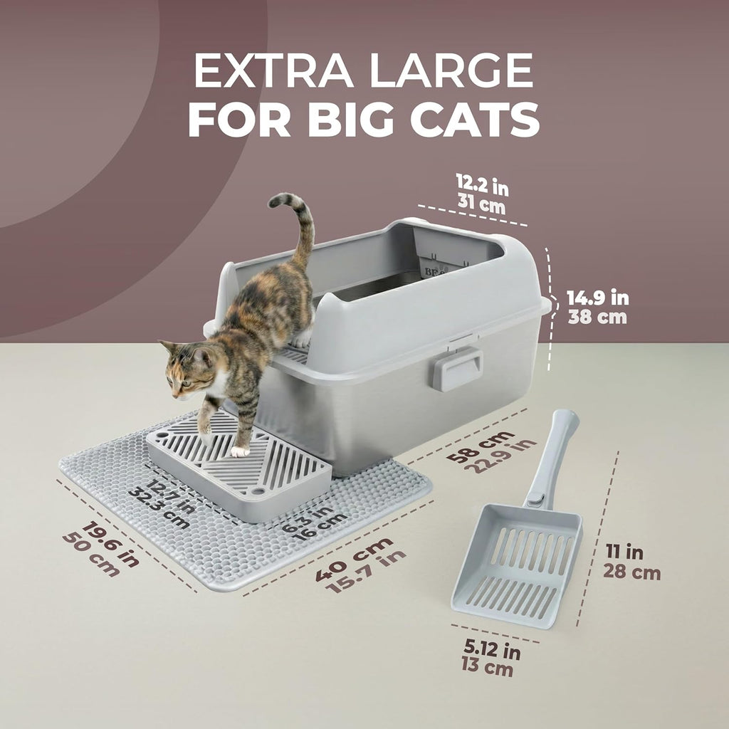 Stainless Steel Litter Box XL, Extra Large High Sided Litter Box with Handles for Big Cats, Anti-Urine Leakage Metal