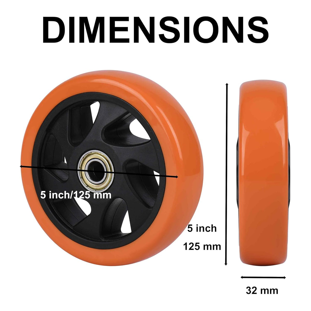 5" Caster Replacement Wheels Heavy Duty Polyurethane 4 Pack Orange