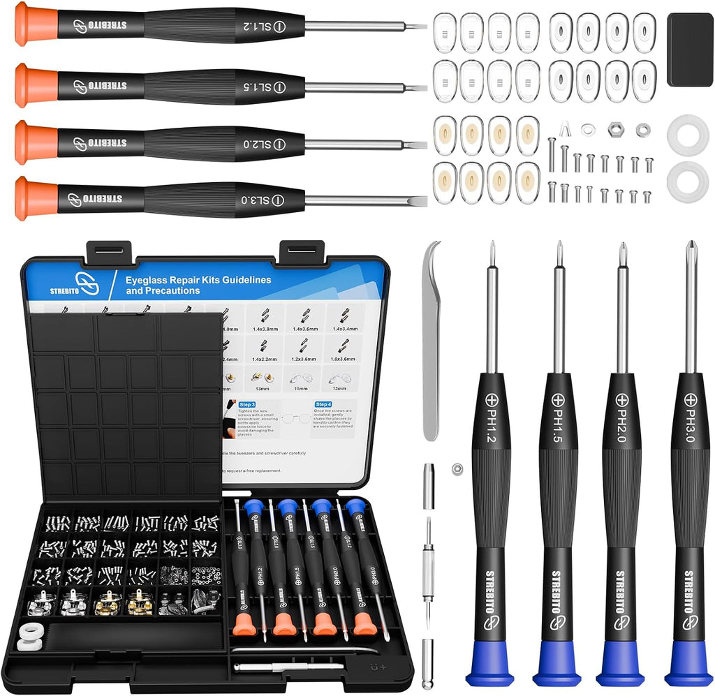 Glasses Repair Kit, All-in-One Eyeglass Repair Kit | 16 Sizes of Screws, 12 Pairs of Nose Pads & Tweezer, Precision