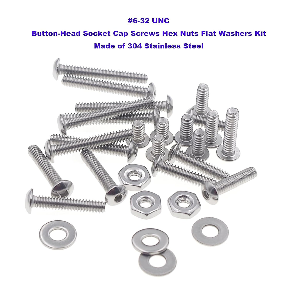 #6-32 UNC Stainless Steel Button-Head Socket Cap Screws Hex Nuts Flat Washers Assortment Kit