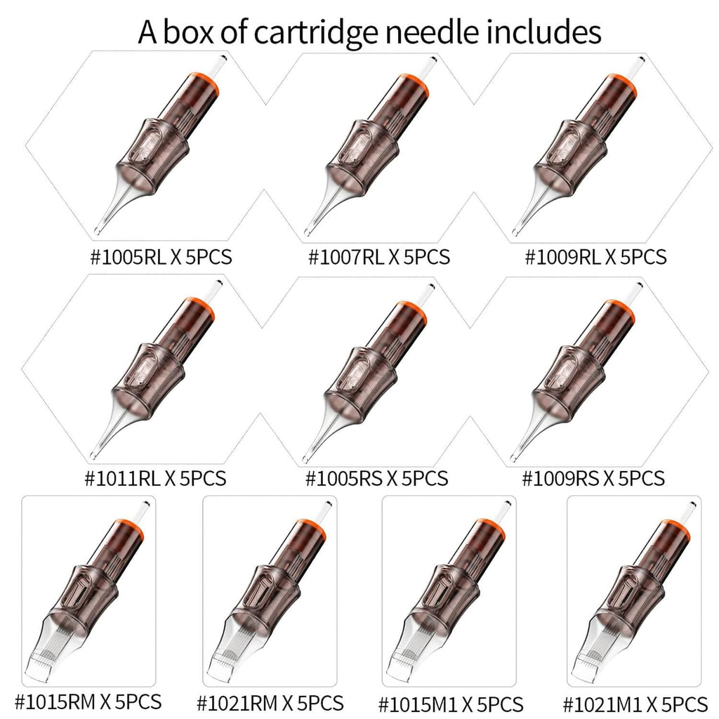 50 Assorted Tattoo Cartridge Needles Mixed Size #10 Bugpin Round Liner Shader Magnum - 5 Pcs each of 5RL, 7RL, 9RL
