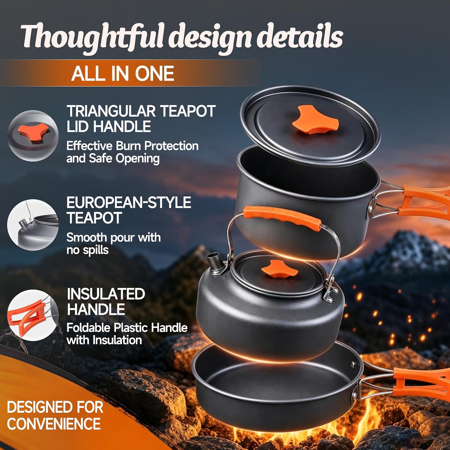 Camping Cookware, 10-Piece Non-Stick Foldable Mess Kit with Kettle | Crafted from durable anodized aluminum;