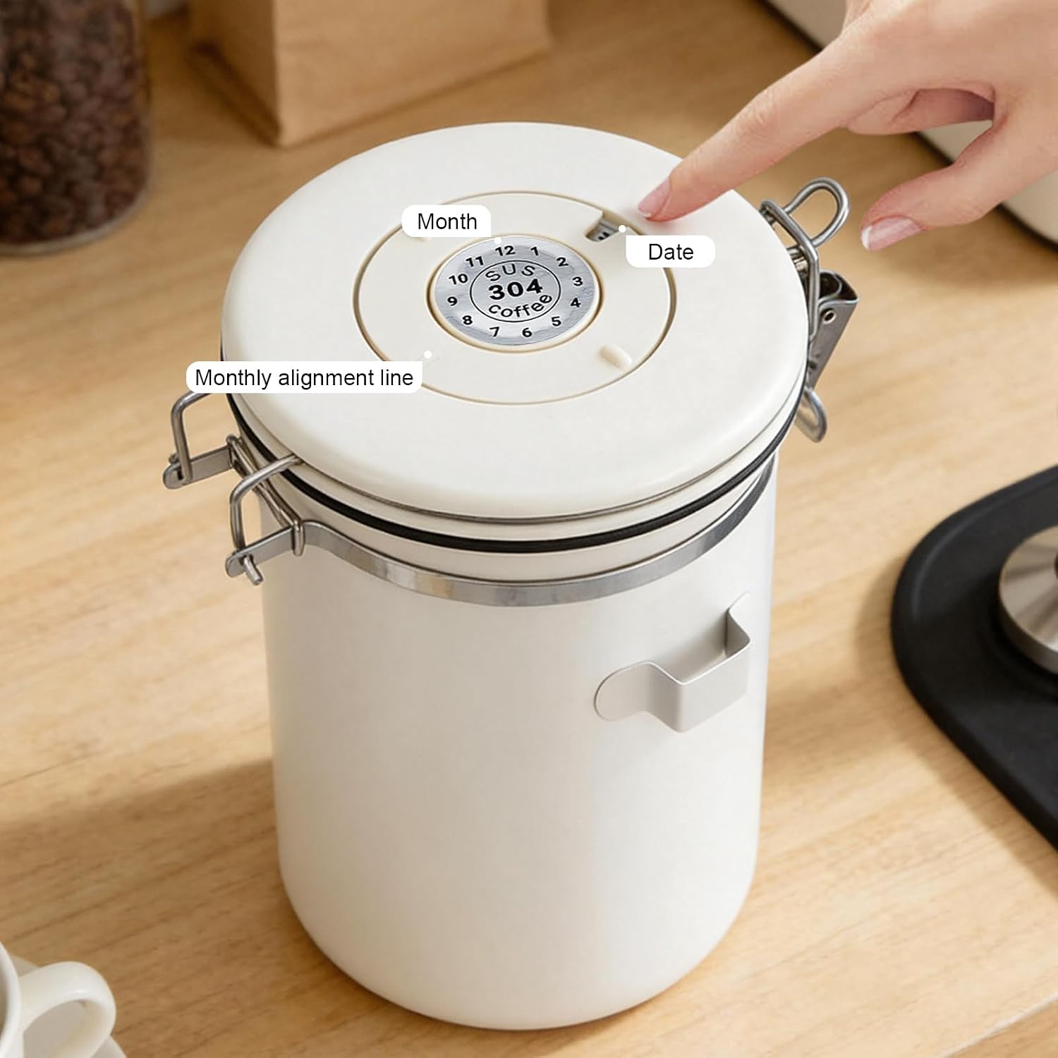 22OZ Airtight Stainless Steel Coffee Canister with Date Tracker | With Measuring Scoop, Food Grade Safe, For Coffee