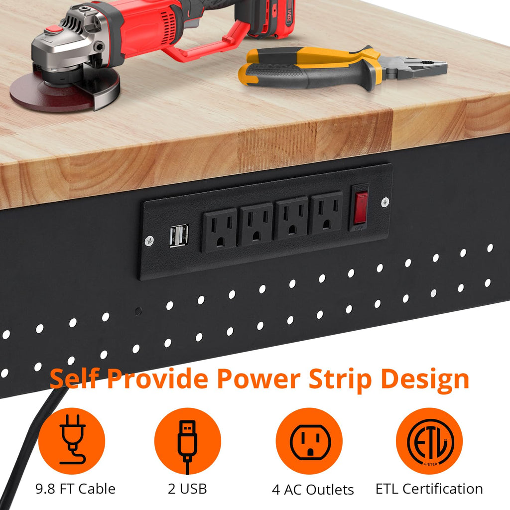 48"x 24" Workbench for Garage, Rolling Heavy-Duty Worktable with Power Outlet and Lockable Wheels, Adjustable Height