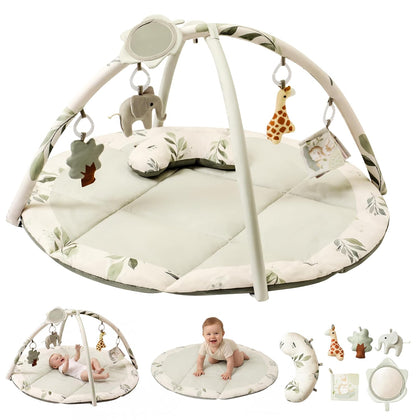 Baby Play Gym & Activity Mat, Machine Washable & Foldable Tummy Time Mat with 5 Detachable Toys, Certified Safe