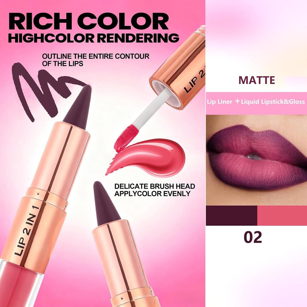 lip liner and lipstick combo 2 in 1 dual ended matte liquid lipstick long lasting waterproof highly pigmented lip