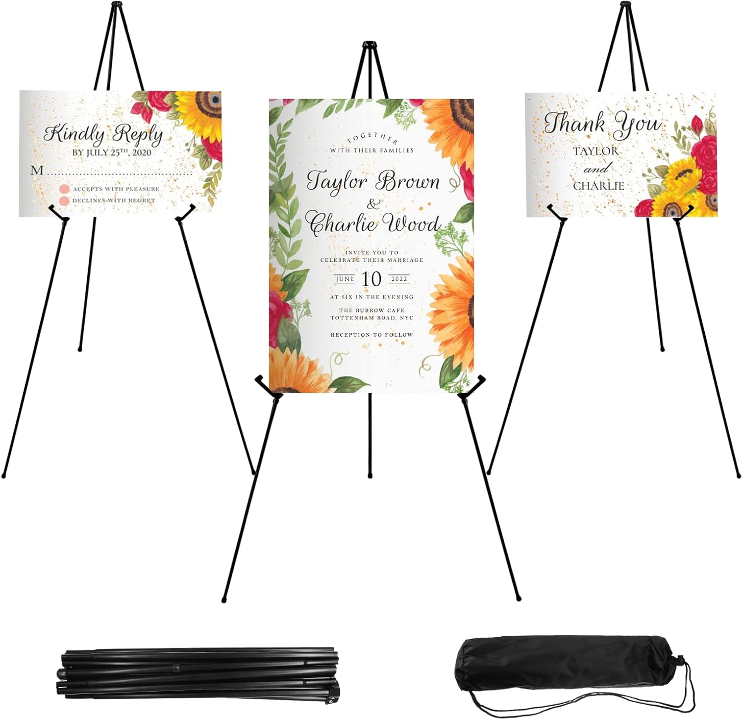 3 Pcs Lightweight Easel Stand, 66 Inch, Black, with Carry Bags | Adjustable Portable Metal Display Easel & Poster Stand