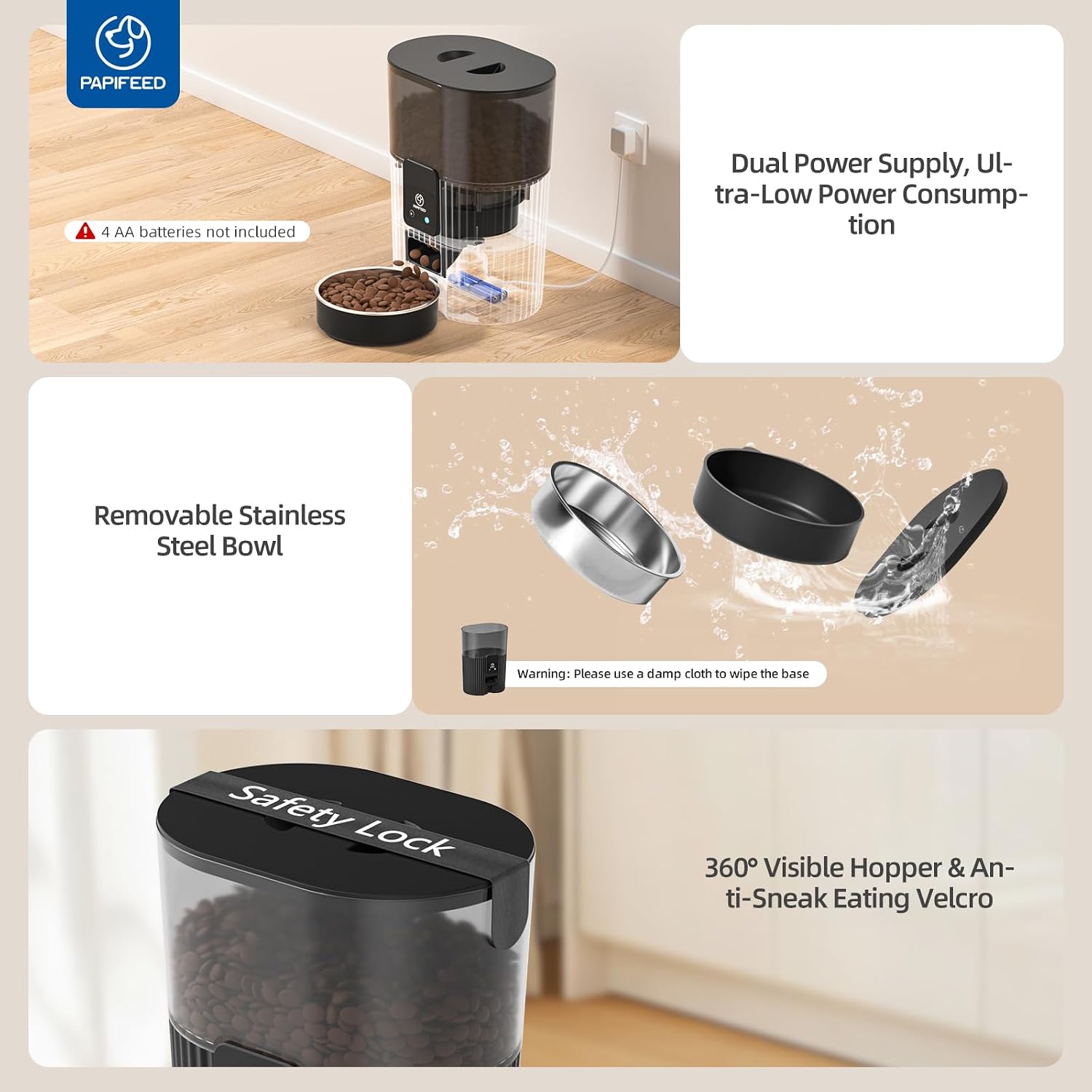 Automatic Cat Feeder and Water Fountain Stainless Steel, Auto Cat Food & Water Dispenser, Quiet Pet Drinking Fountain