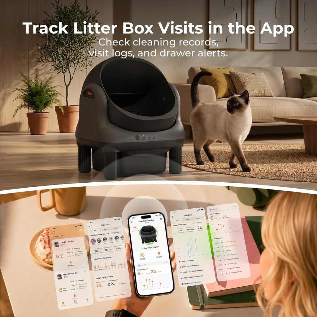 Self Cleaning Litter Box, Open Top Automatic Litter Box, Safety Sensors Protection, App Control for Multiple Cats