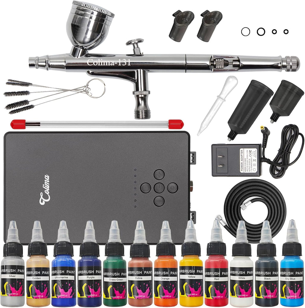 Airbrush Kit, 27PSI Air Brush Gun Set with Air Compressor & 12 Paint | 7 Pressure Levels Ultra-Quiet Dual-Action