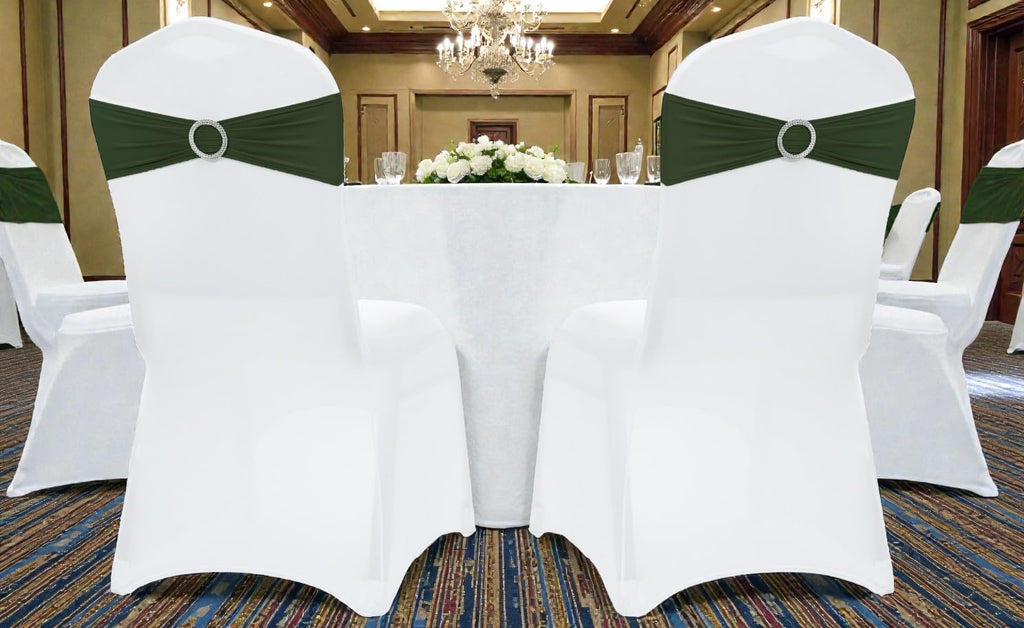 Olive | Spandex Chair Sashes Bows | 100 PCS | Stretch Elastic Banquet Universal Folding Chair Band Tie with Silver