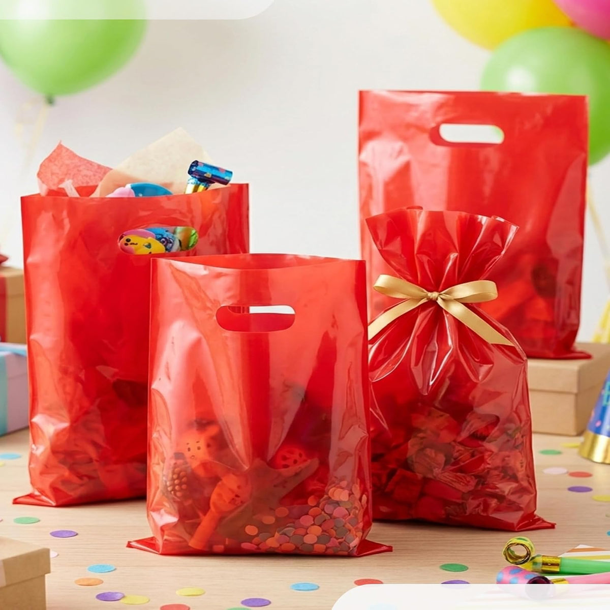100 Red Plastic Bags With Handles 12x15 Merchandise Bags