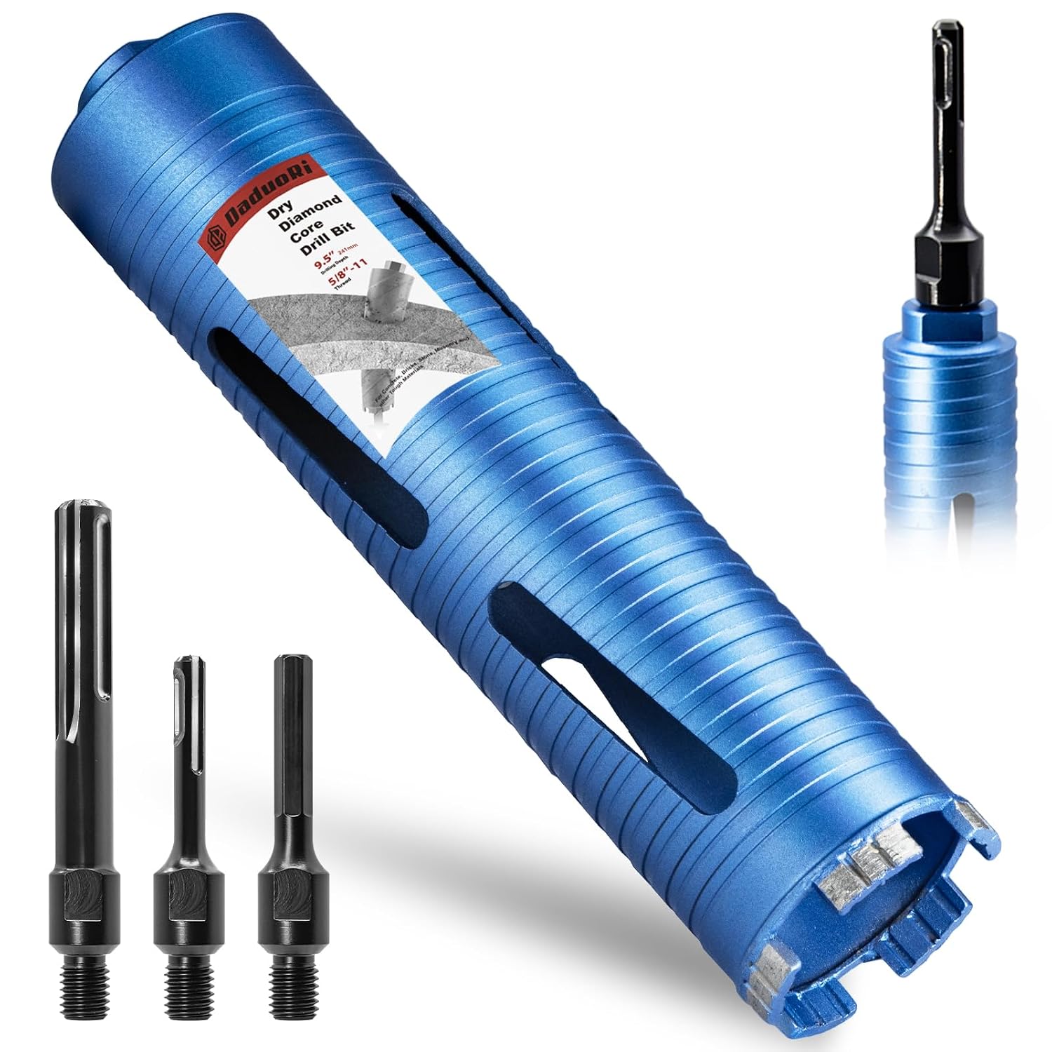 2 1/2" Dry Core Drill Bit, 5/8"-11 Thread, with 3 Adapters Included: SDS Plus, SDS Max and 1/2" Hex Shank; 9.5" Drill