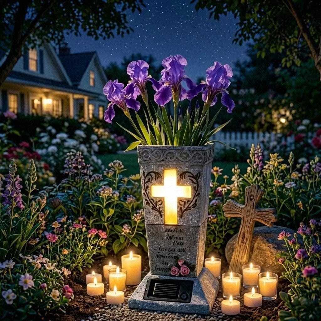 Solar Cemetery Vase for Grave Decor - Waterproof Memorial Flower Holder with LED Cross Light - Sympathy Gifts for