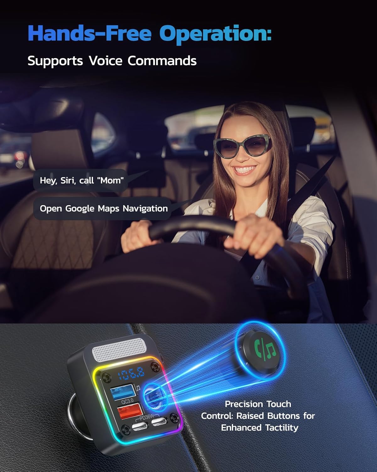 54W Bluetooth 5.3 Car Adapter, FM Transmitter 4-Port Fast Charging | Wireless FM Radio Music Player with Deep Bass, 5
