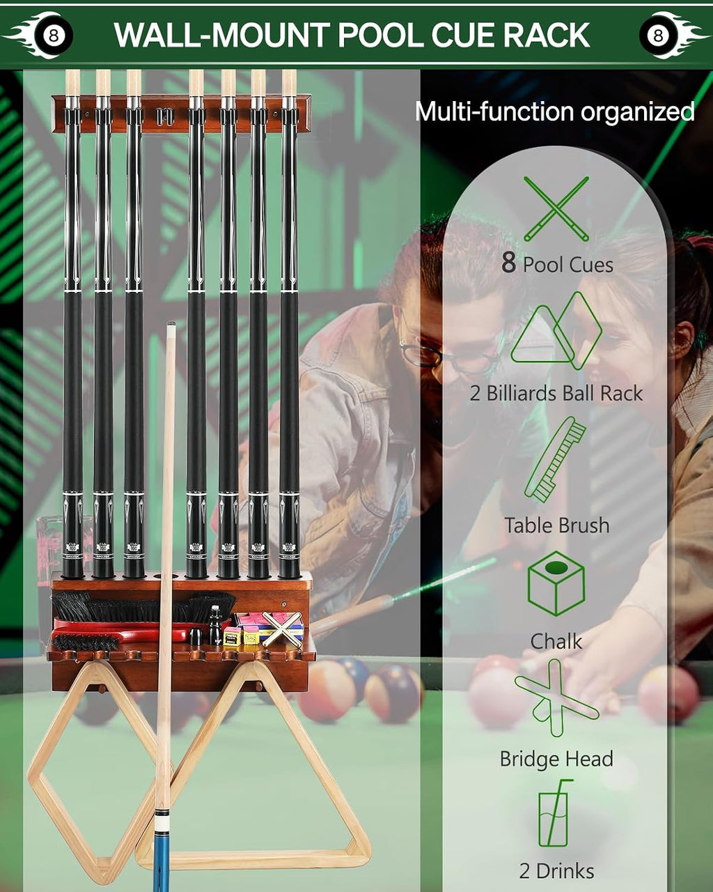Wall Mount Pool Stick Holder - Billiards Pool Cue Rack Hardwood Pool Cue Set Holder for 8 Cues Sticks Storage Pool