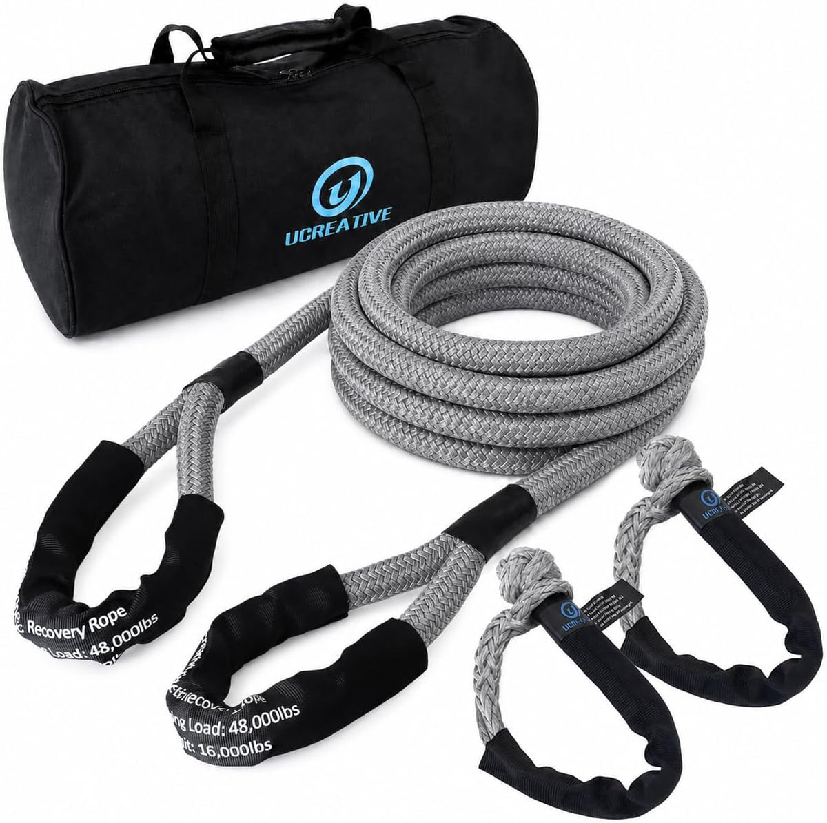 1" x 30' Kinetic Rope & 2PCS Synthetic Soft Shackles Kit Gray