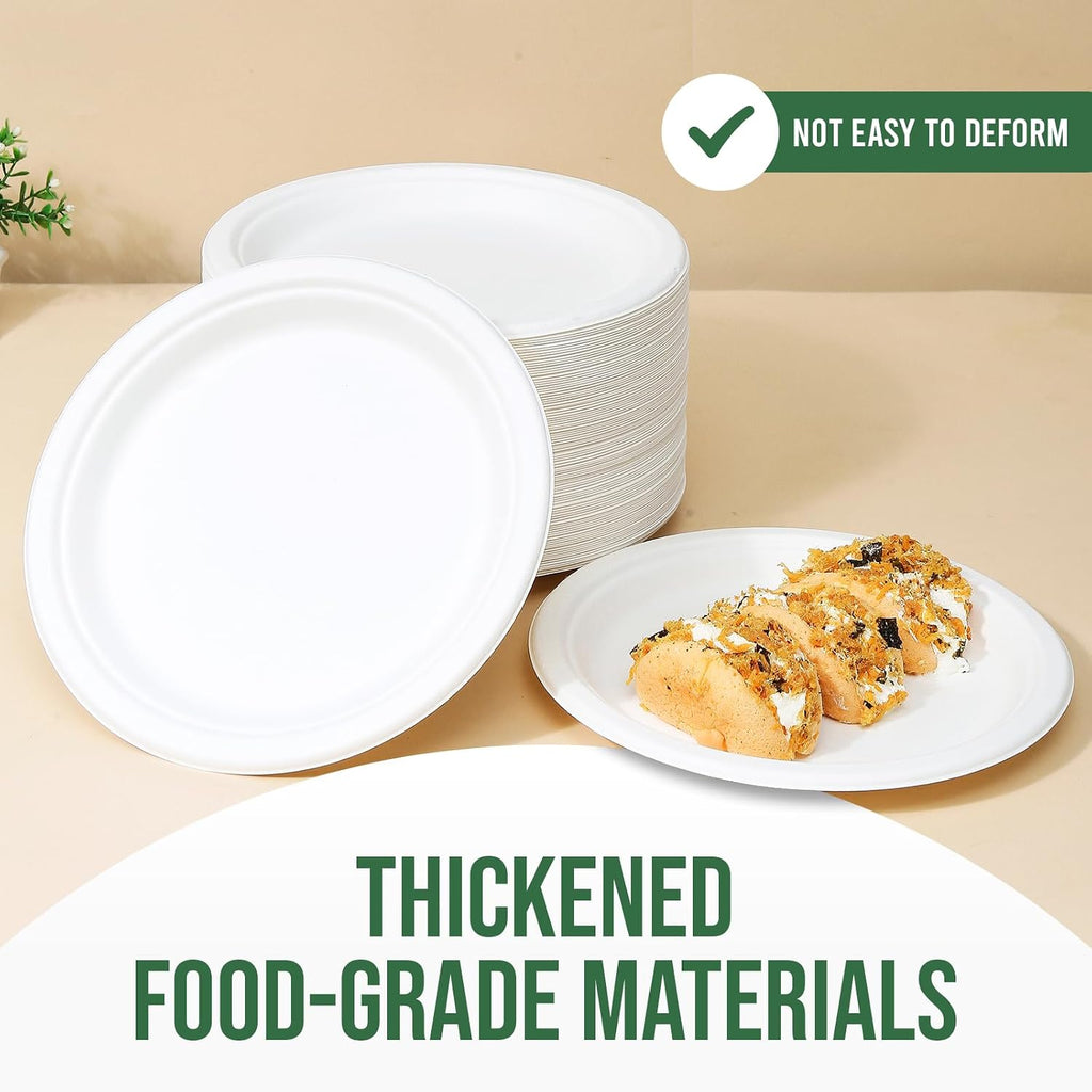 9 inch Paper Plate Heavy Duty Disposable,100% Compostable,100 Pack