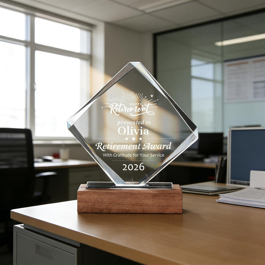 SHIP NEXT DAY, Personalized Crystal Award Trophy - Custom with Company Logo Text & Employee Name, Engraved Award for