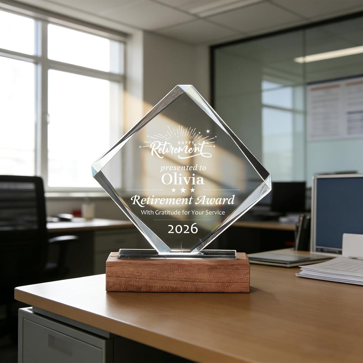 SHIP NEXT DAY, Personalized Crystal Award Trophy - Custom with Company Logo Text & Employee Name, Engraved Award for
