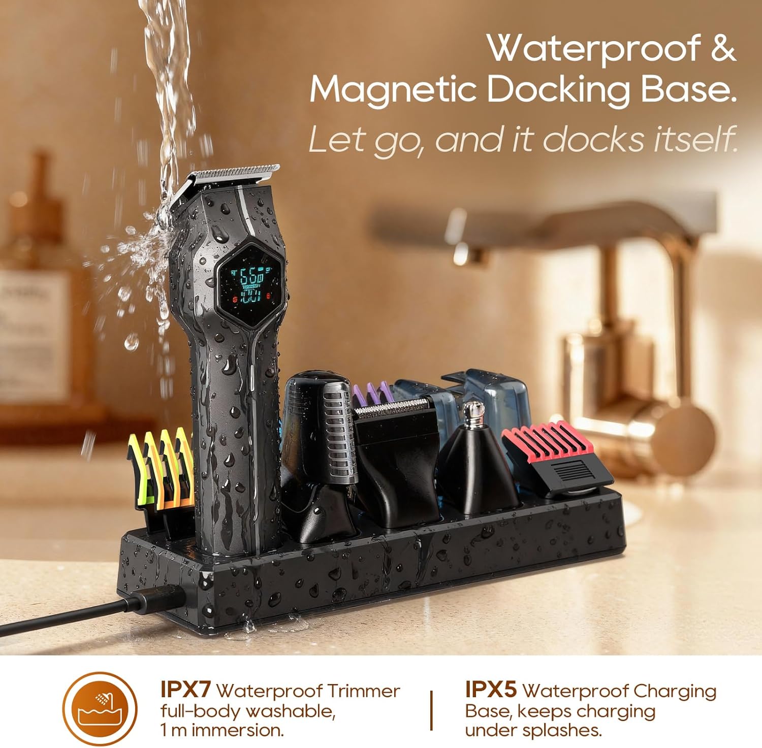 Beard Trimmer for Men, Magnetic Snap-on Replacement Heads & Charging Dock, IPX7 Waterproof Cordless Hair Clippers