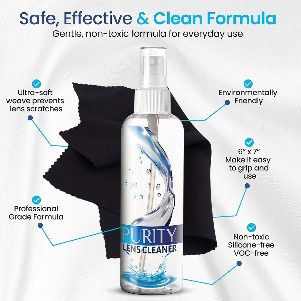 Purity Eyeglass Lens Cleaner Kit - 2 x 8oz and 1 x 2oz Lens Cleaner Spray Bottle + 2 Microfiber Cleaning Cloths