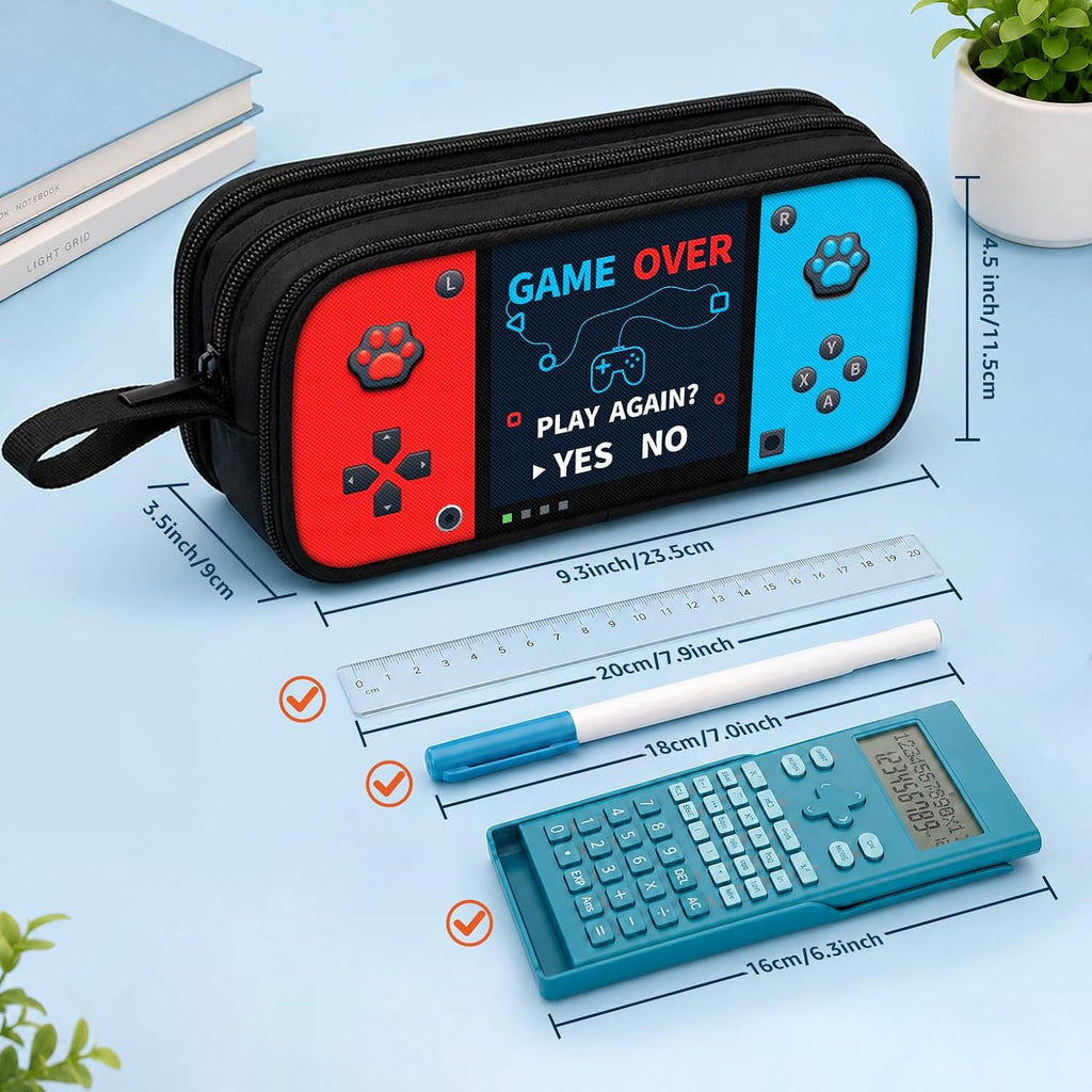 Game Controller Pencil Case for Boys Kids Teens, Large Capacity Pencil Pouch with 3 Compartments, 7 Pockets and Label