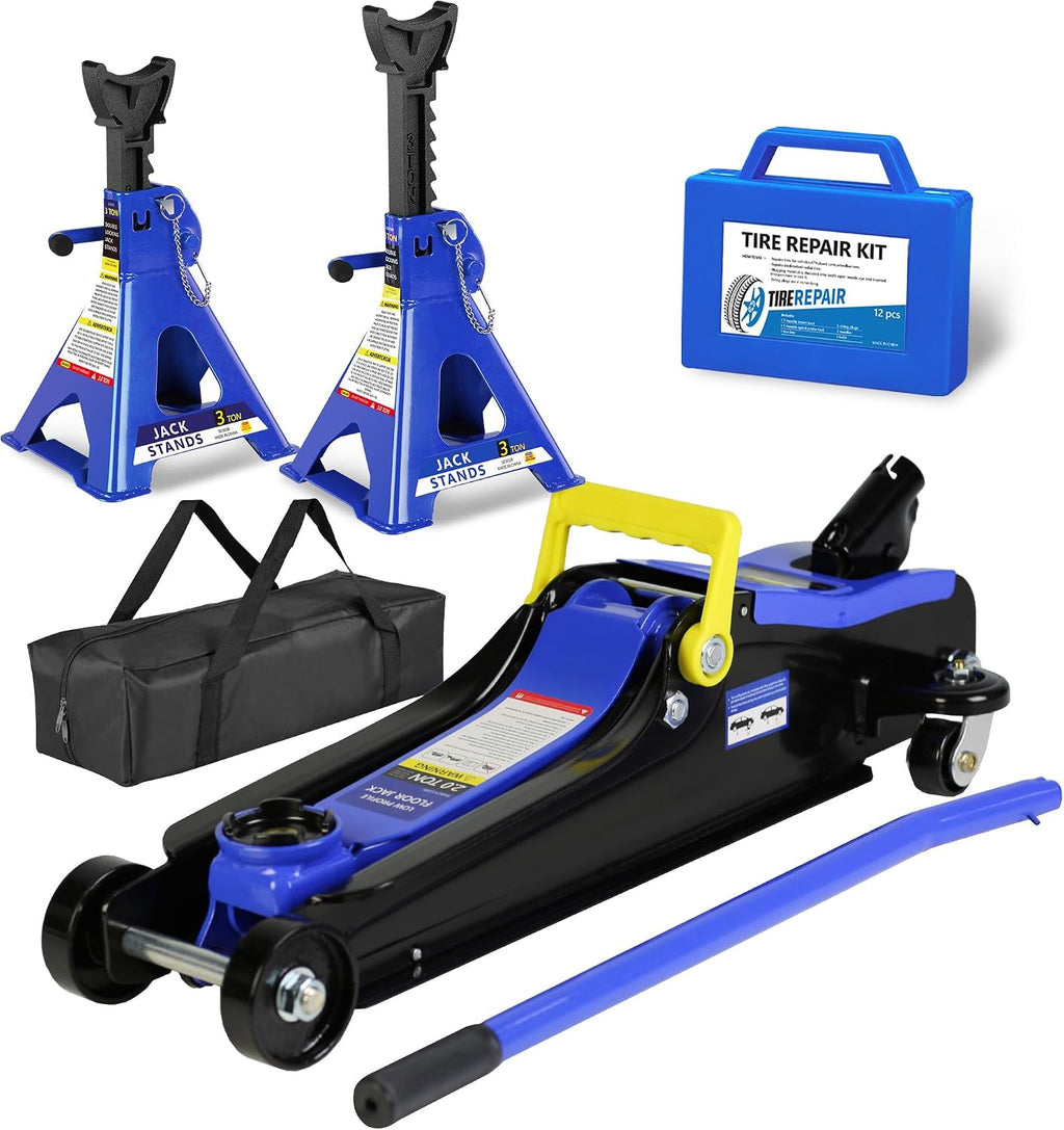 4 Piece Car Truck Floor Jack Service with Jack Stands Tire Repair Kit for Garages, Automotive,Repair Shops and DIY