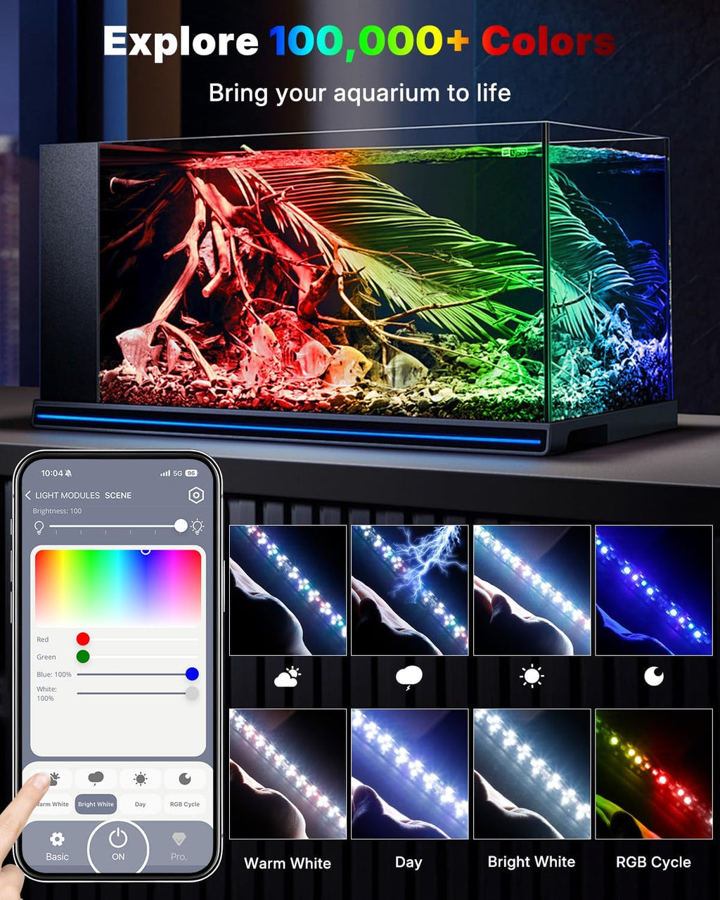 Aquarium Light with Bluetooth for Plants, 5W 8 inch Full Spectrum Fish Tank Light for 8-15 inch Fish Tanks
