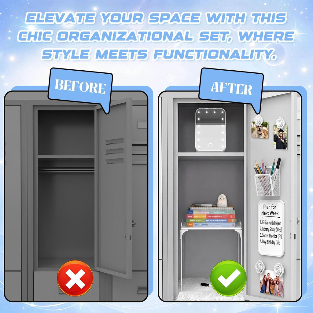 10 Pcs Locker Accessories with Locker Shelf, LED Mirror, Pen Holder, Magnetic Whiteboard with Marker, Back to School