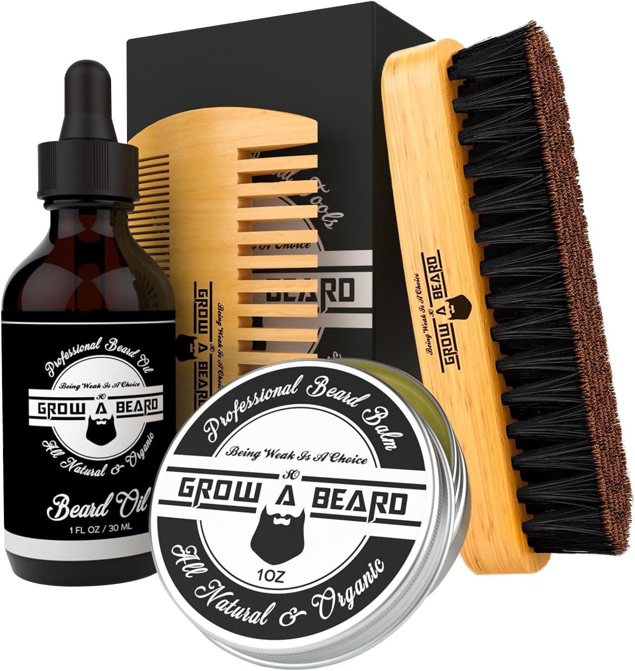 Beard Brush, Beard Comb, Beard Oil, & Beard Balm Grooming Kit for Men's Care, Travel Facial Hair Set for Growth