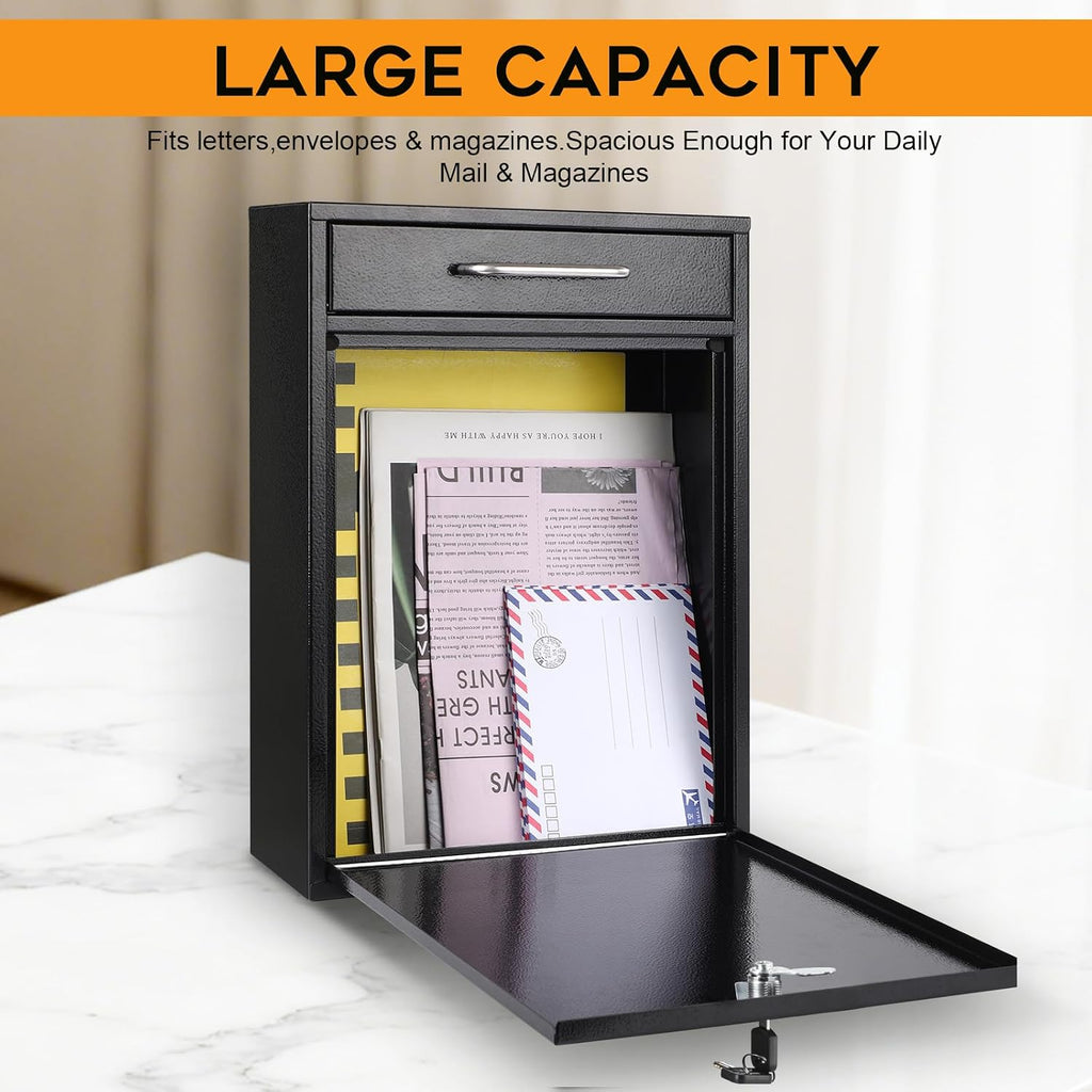 Metal Mailbox Wall Mount, Locking Mailbox with Key Lock, Black, XL | Large Capacity Hanging Secure Postbox, Steel