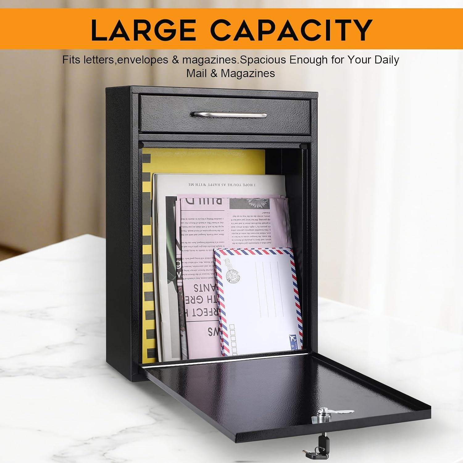 Metal Mailbox Wall Mount, Locking Mailbox with Key Lock, Black, XL | Large Capacity Hanging Secure Postbox, Steel