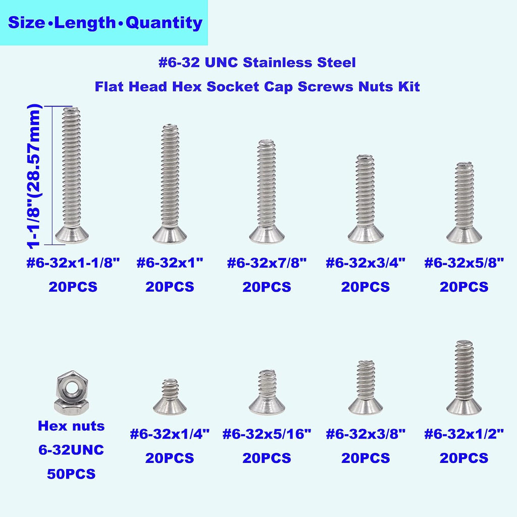 #6-32 UNC 304 Stainless Steel Flat-Head Socket Cap Screws, Nuts Kit