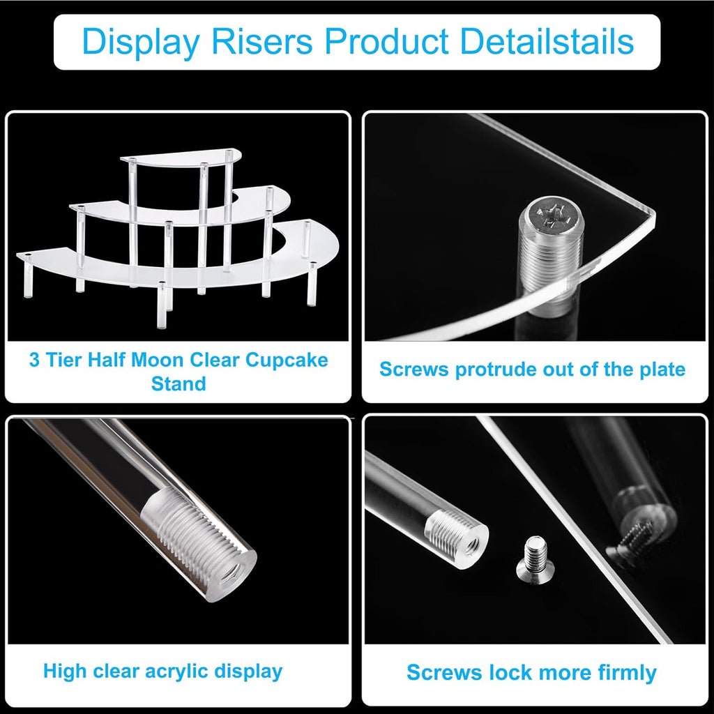 Acrylic Display Risers, 3 Tier Clear Cupcake Perfume Stand Organizer, Half Moon Dessert Stand for Display, Food