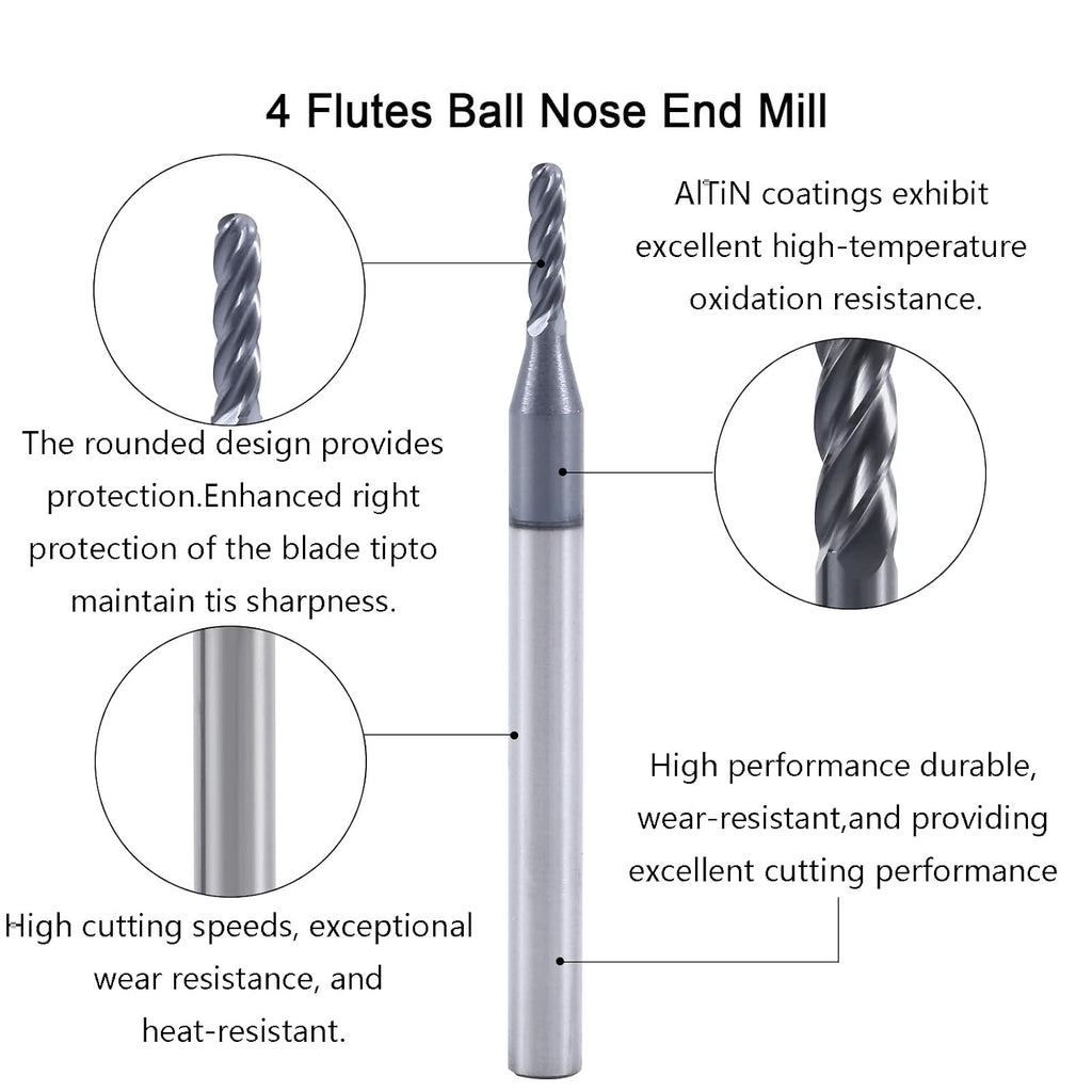 1/16" 4 Flute Carbide Ball Nose End Mill 1/8" Shank Diameter 5Pcs