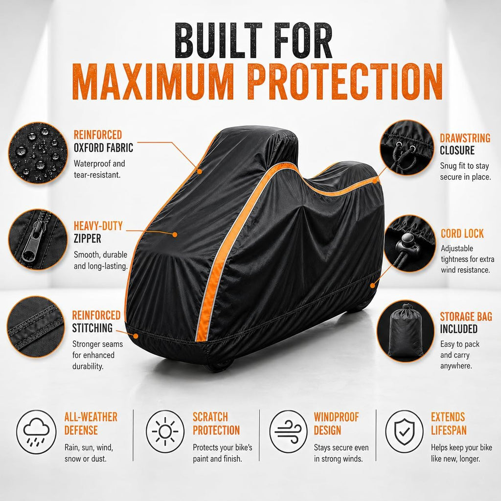 360° Fully Enclosed Motorcycle Cover,All-Season Waterproof Sun-Proof Outdoors Fits Motorcycles,Compatible with Harley