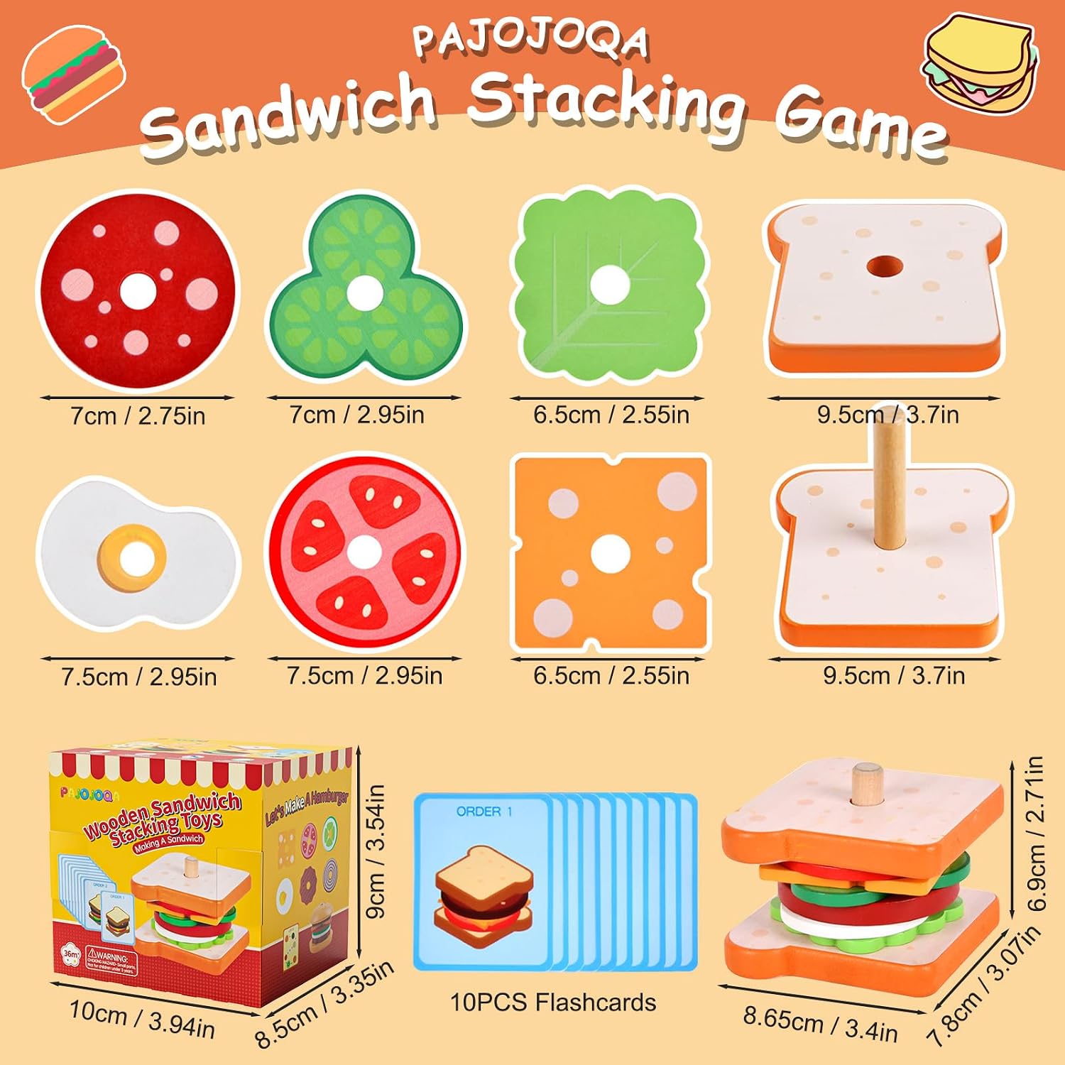 Wooden Sandwich Stacking Toys, Montessori Toys for Toddlers Kitchen Play Food Educational Preschool Learning Toys