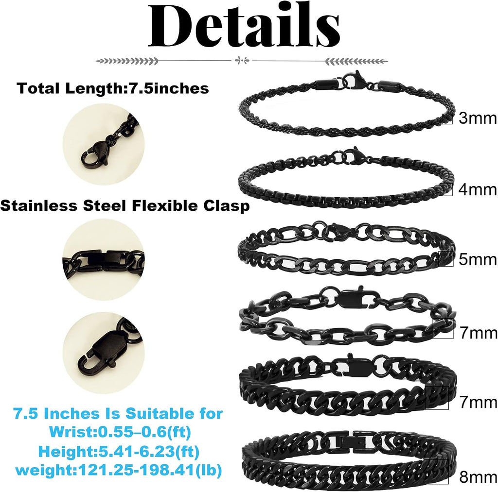 6pc Silver/Gold/Black Stainless Steel Bracelets for Men Gifts | 6.5/7/7.5/8.3/9 Inches Cuban Link Chain Bracelets Set