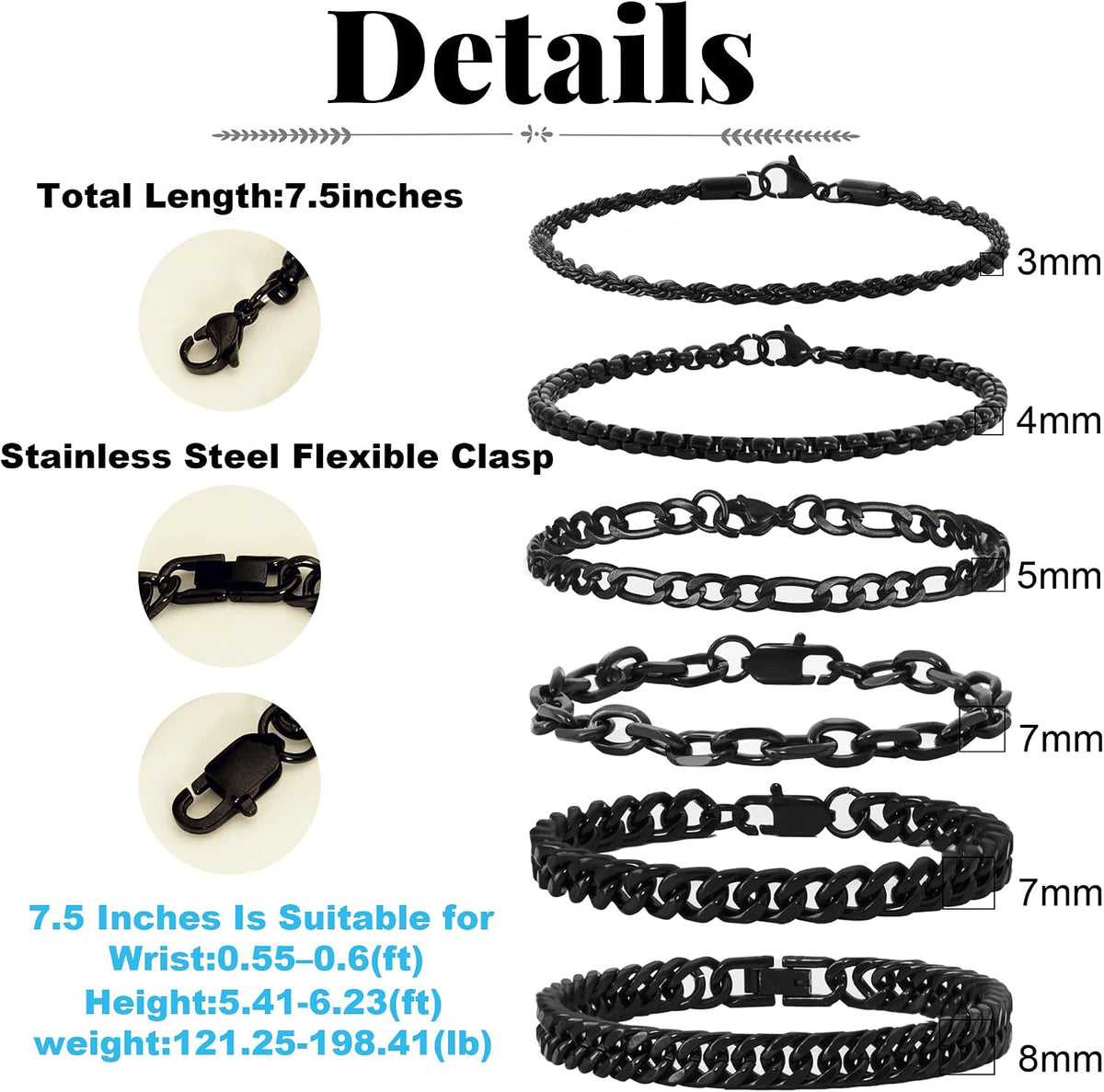 6pc Silver/Gold/Black Stainless Steel Bracelets for Men Gifts | 6.5/7/7.5/8.3/9 Inches Cuban Link Chain Bracelets Set