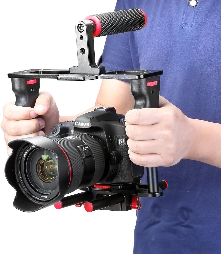 Camera Video Cage Film Movie Making Kit, Aluminum Alloy with Top Handle, Dual Hand Grip, Two 15mm Rods, Compatible
