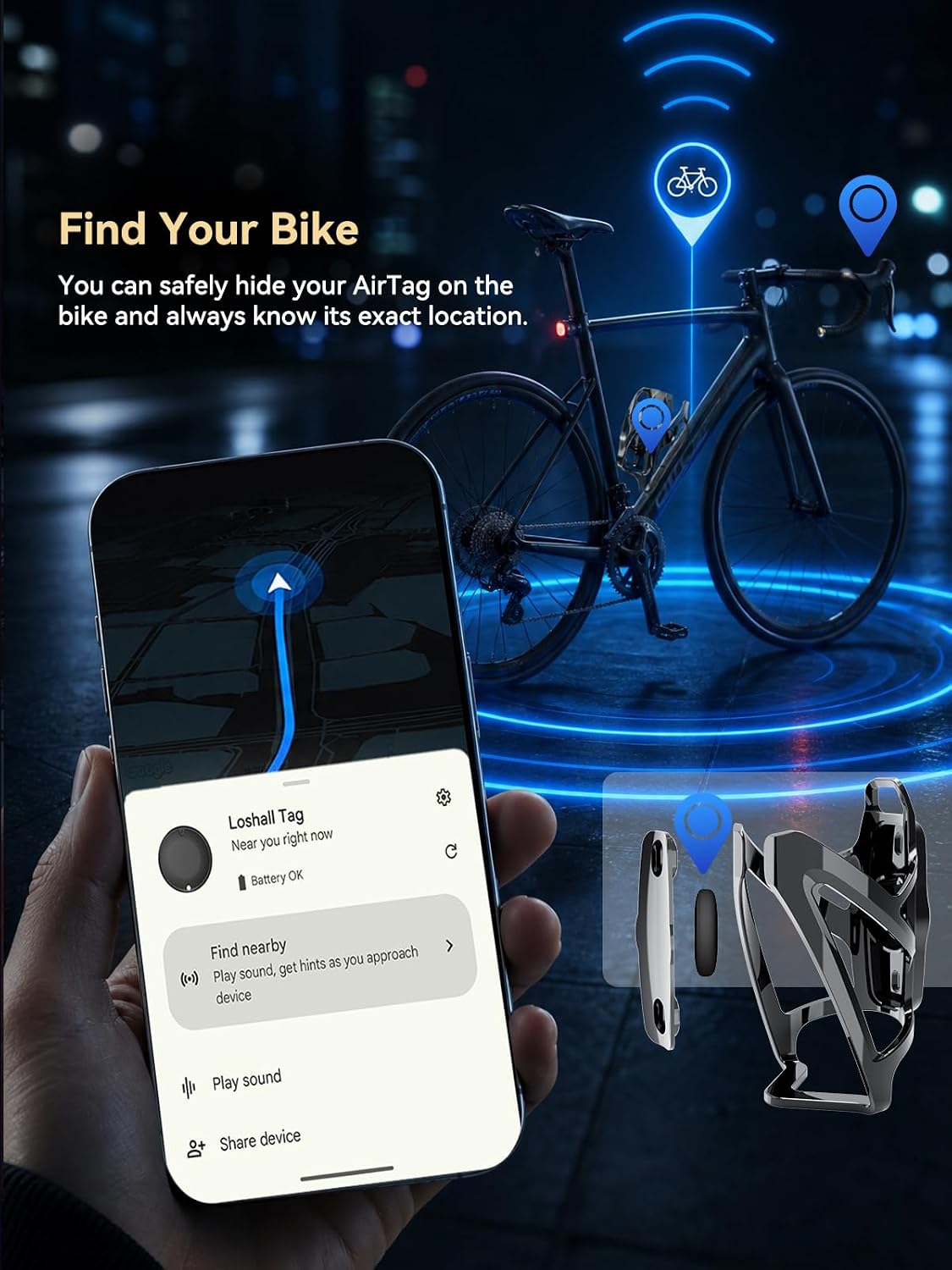 Bike Water Bottle Cage with Built-in Item Finder, Works with Find My App, Hidden Anti-Loss Bicycle Finder, No Extra