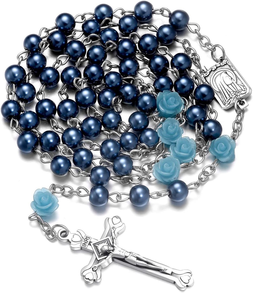 Rosary Beads Catholic Necklace Holy Soil Medal Cross Crucifix with Metal Box and 18pcs Prayer Cards