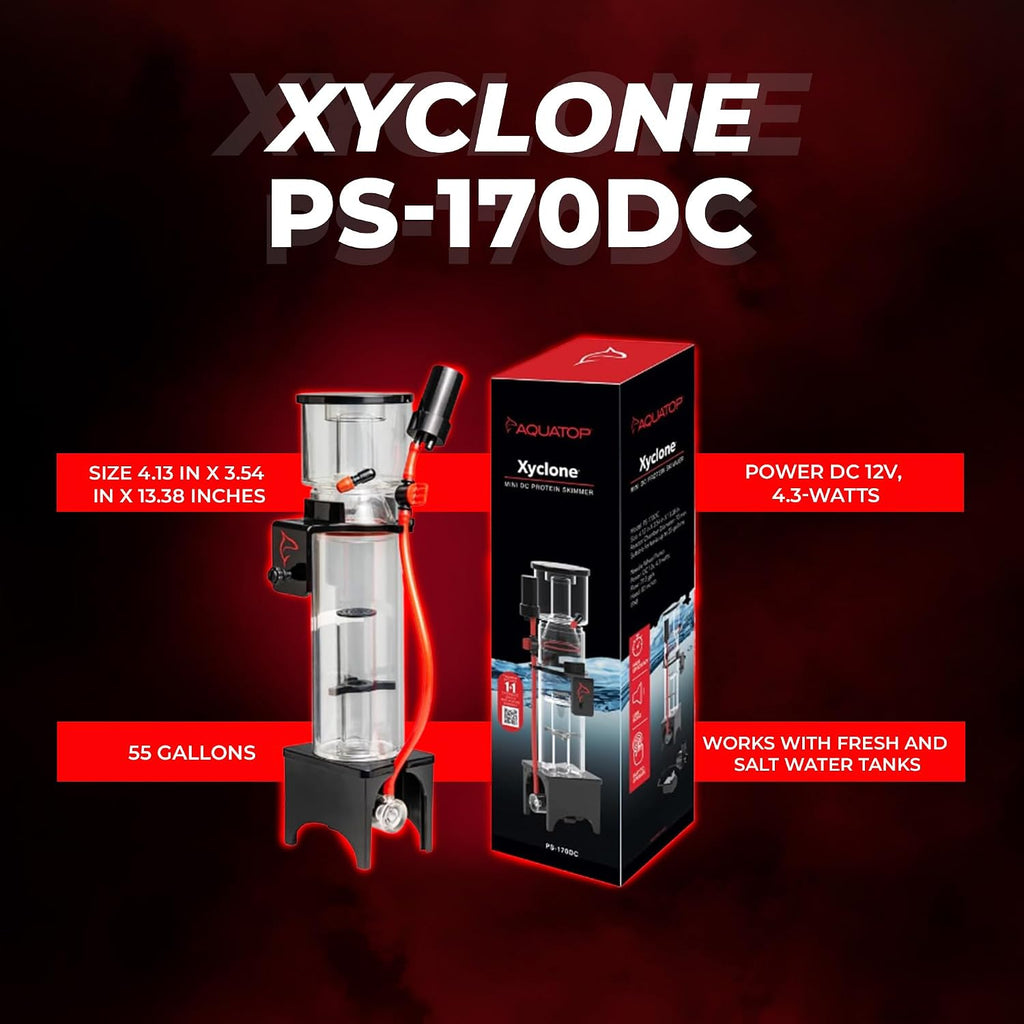 Xyclone Mini DC Protein Skimmer – Filtration for Saltwater Aquariums – Ultra-Quiet Operation – Up to 55 Gal – Hang-On