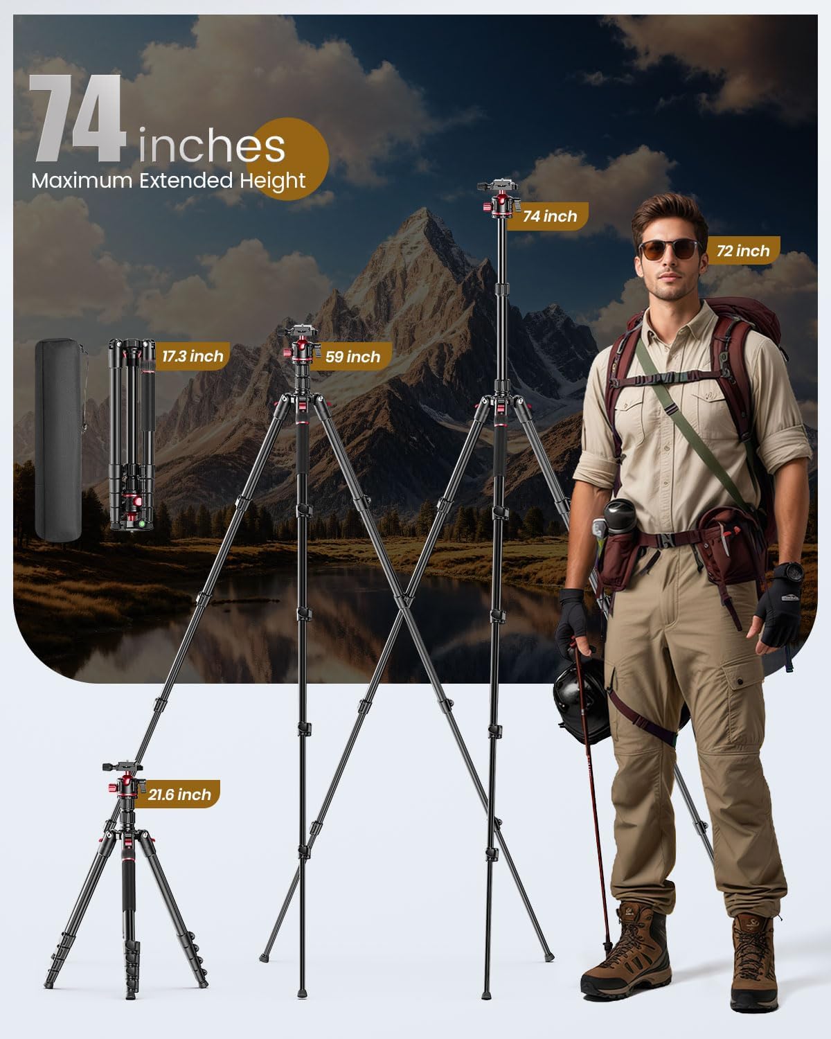 74" Professional Camera Tripod & Monopod with Carry Bag | Ball Head Aluminum Photography DSLR Tripod, Compatible with
